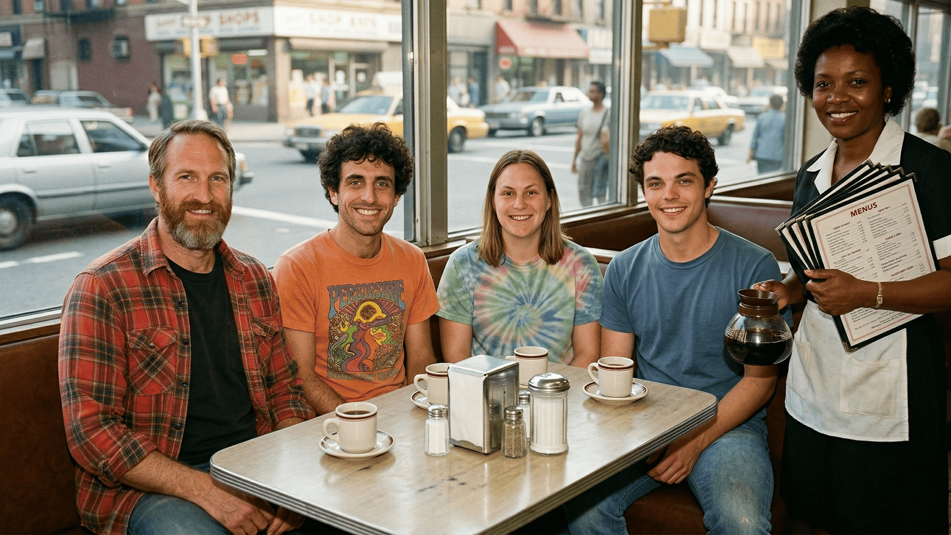 Alex, Dave, Diane, and Brian, Breakfast in Greenwich Village, NYC 1980