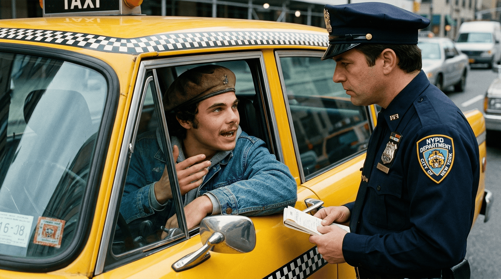 Brian portraying a taxi driver in the NYC advertisement 'A Most Violent Year', NYC, 1981