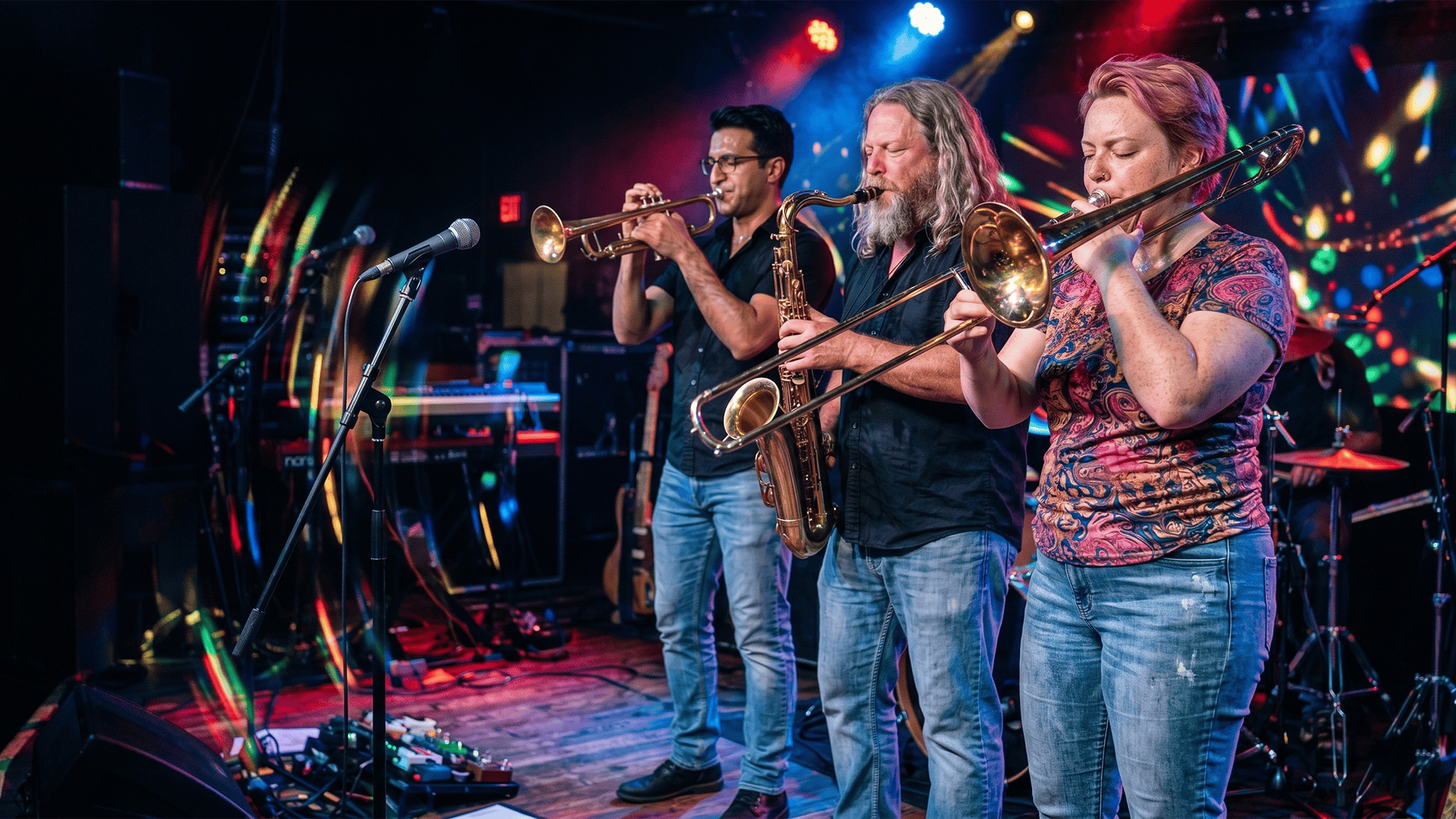 The THB Brass section, from left, Hiram, Marty, and Sinead, Fiddlers Green Amphitheater, Denver Colorado, 2010